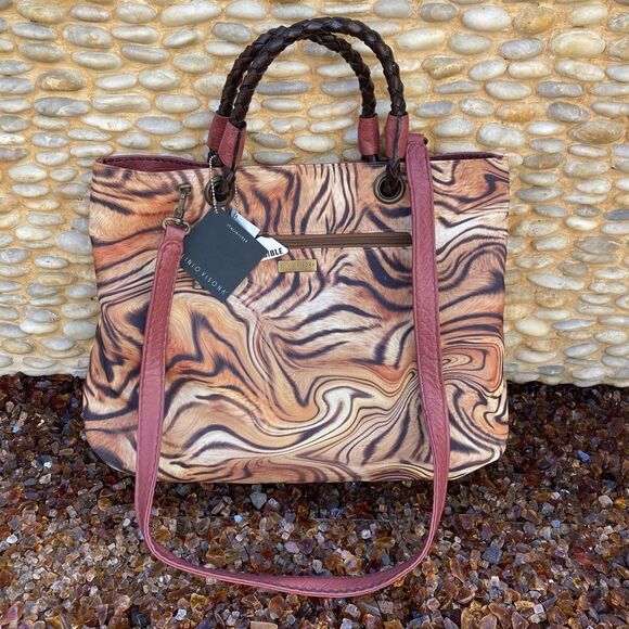 Plinio Visona Maroon/Animal Print Leather Reversible Tote/Crossbody Bag. NWT - Picture 2 of 14